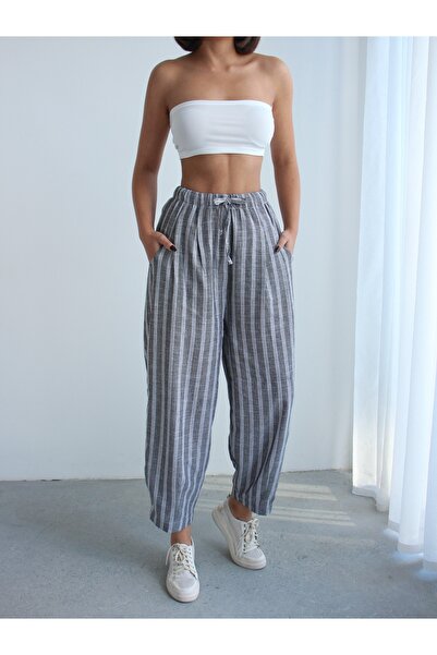 BEJNA بنطلون نسائي مخطط بمظهر الكتان