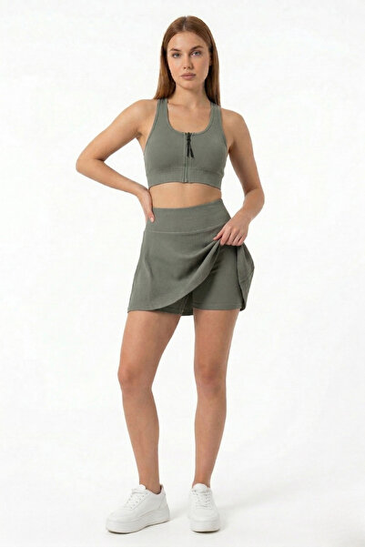 EMFURE Khaki High Waist Double Layer Mini Skirt Tennis Skirt and Zipper Busti...