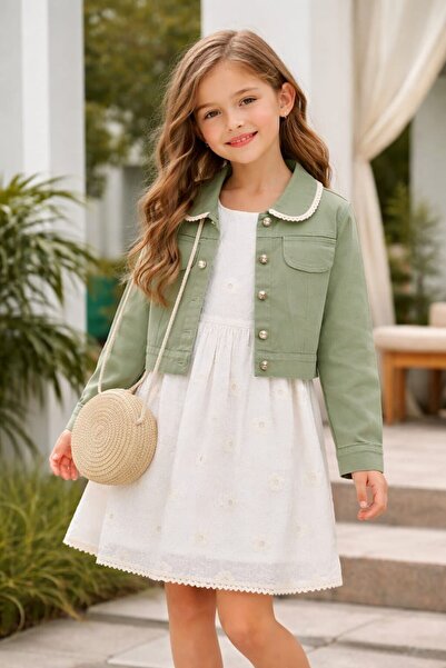 Kids KIZ ÇOCUK ELBİSE CEKET HASIR ÇANTALI 3'LÜ KOMBİN TAKIM-7YAŞ