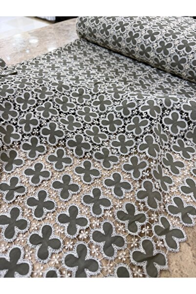 METERİAL Khaki Green Geometric Floral Patterned Embroidered Lace Fabric