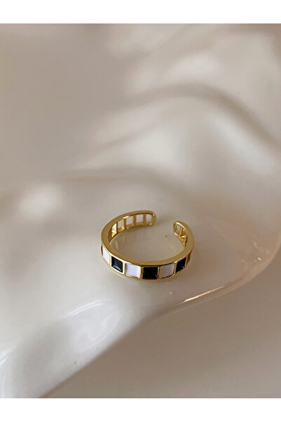 FridayIn خاتم مفتوح بنمط لوحة الشطرنج باللونين الأسود والأبيض بلون ذهبي، خاتم...