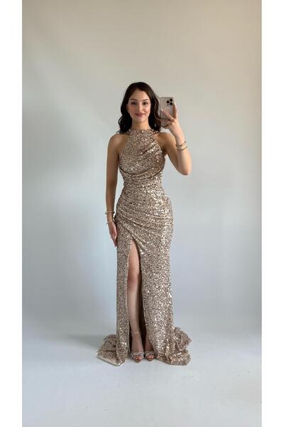 AYŞENUR DİNÇER Donatella Yırtmaçlı Abiye Rose Gold