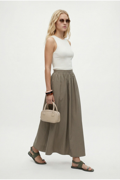 Ritnice Women's Emilia Lined Zippered Gathered Waist Khaki Woven Long Skirt