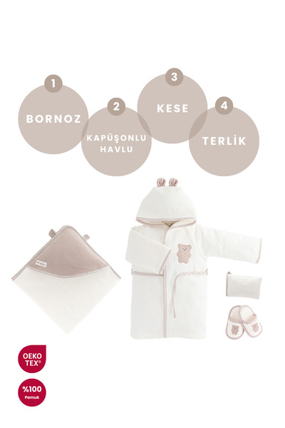 Bebekevi %100 Pamuk OEKO-TEX Bebek Bornoz Ve Havlu Seti 4 lü Hediyelik Set
