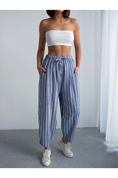 BEJNA بنطلون نسائي مخطط بمظهر الكتان