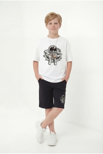 YA KO KİDS Summer Astronaut Print Detailed Capri Pants Boys' Top and Bottom Set
