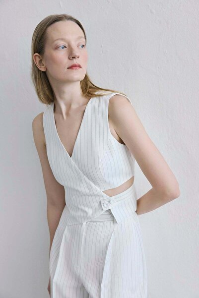 rue Çizgili Fleto Cep Ekru Yelek