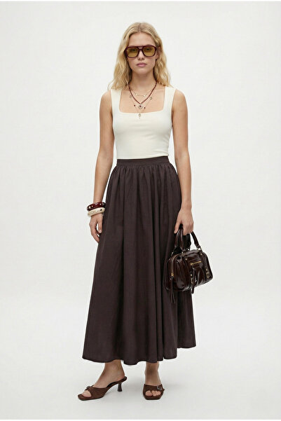 Ritnice Women's Emilia Lined Zippered Gathered Waist Brown Woven Long Skirt