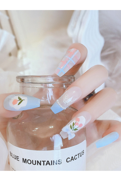 FridayIn Light Blue Pink Tulip Plaid Long Almond False Nails