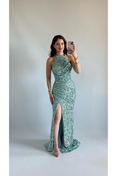 AYŞENUR DİNÇER Donatella Yırtmaçlı Abiye Su Yeşili