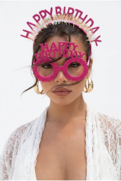 TAKIŞTIR Pink Color Happy Birthday Written Glasses and Crown