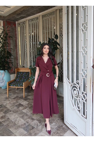 timagna Rochie de damă cu decolteu dublu, cu centură, lungime midi și șliț