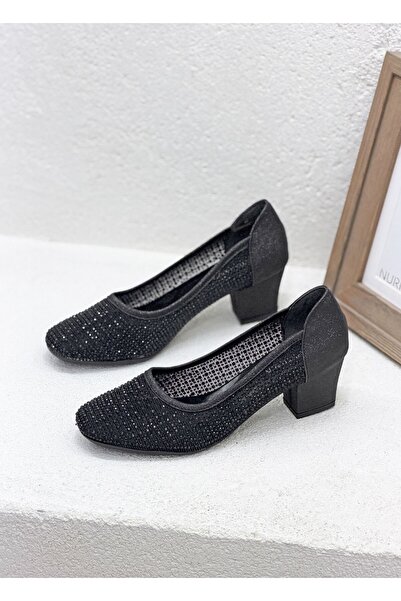 NUR KARACA 26by23-86005 Stone-Embellished Tulle Detailed 5cm Thick Heel Comfo...