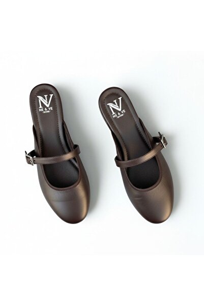 NE&VE SHOES Καφέ Δερμάτινες Γυναικείες Παντόφλες Sabo με Μονό Λουράκι