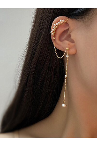 FridayIn Gold Pearl Ear Cuff with Chain Tassel Long Dangle Earrings for Elega...