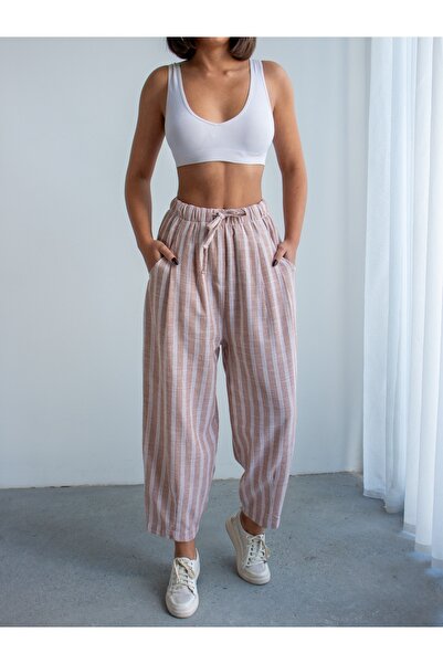 BEJNA Women's Striped Linen Look Balloon Pants