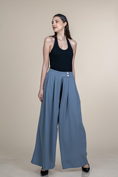 MissVina Ψηλόμεσο υφασμάτινο παντελόνι με φαρδιά μπατζάκια και πιέτες 30367