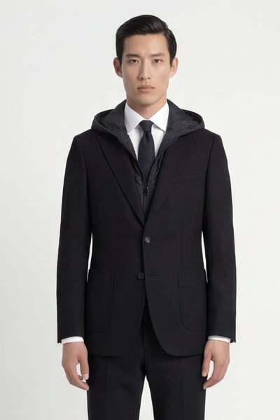 Sabri Özel Men's slim fit wool blend mono collar 6 drop classic black suit