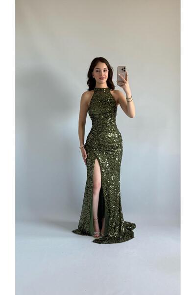 AYŞENUR DİNÇER Donatella Yırtmaçlı Abiye Haki Yeşil