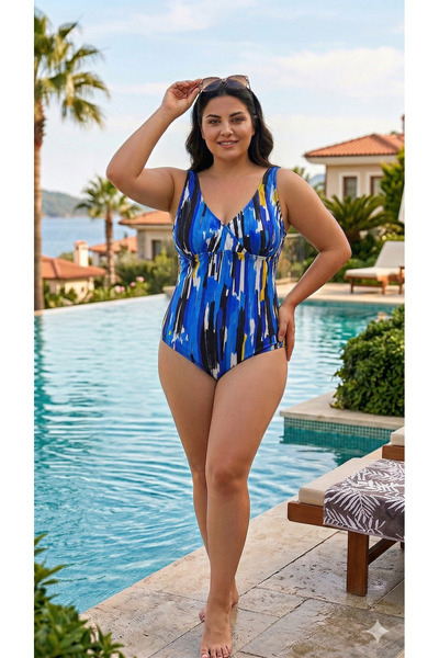 My-o Women's Black Blue Abstract Patterned V-Neck Lycra Gathering Swimsuit