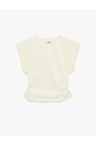 Koton Βαμβακερό κοντομάνικο μπλουζάκι με λεπτομέρεια από πέρλες στον λαιμό