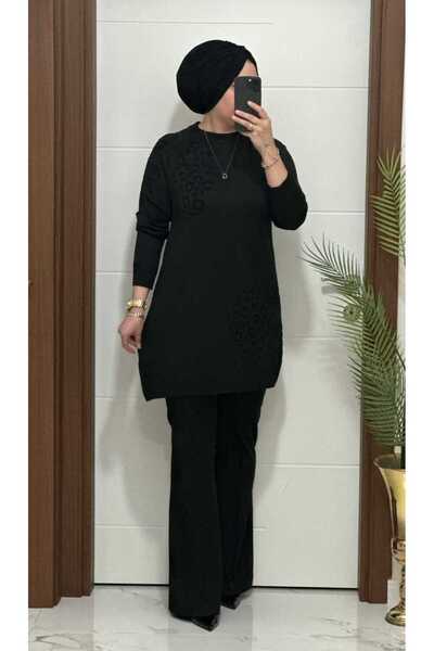 masalabiyem 35301K 100 Black Leopard Pattern Knitwear Tunic
