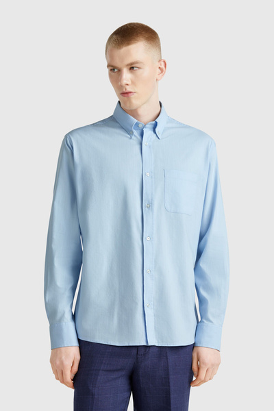 United Colors of Benetton Cămașă slim fit albastru deschis cu amestec de visc...