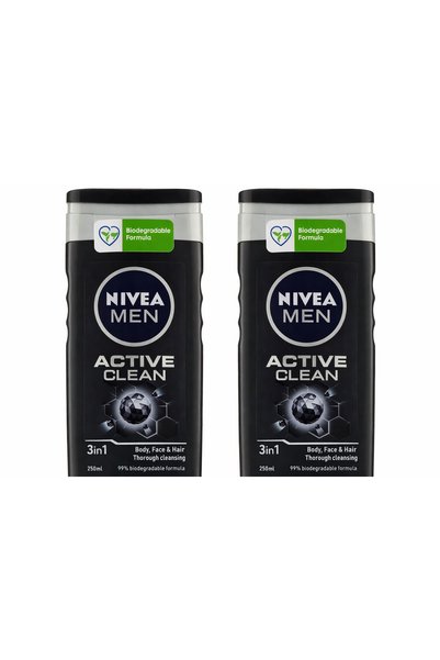 Nivea Men Active Clean 3 in 1 Shower Gel 250 ml (Active Charcoal) 2 X Pcs