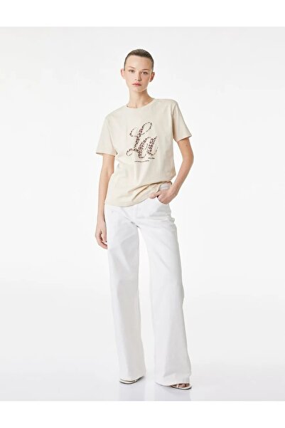 Koton Βαμβακερό κοντομάνικο μπλουζάκι με λεοπάρ στάμπα και λεπτομέρεια στον λ...