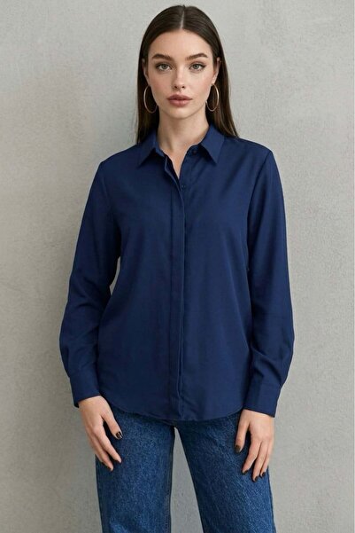 Madmext Navy Blue Modern Cut Women's Shirt Mg2674
