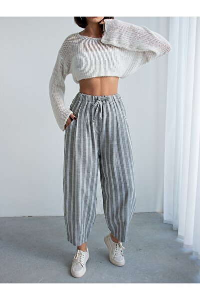 BEJNA بنطلون نسائي مخطط بمظهر الكتان