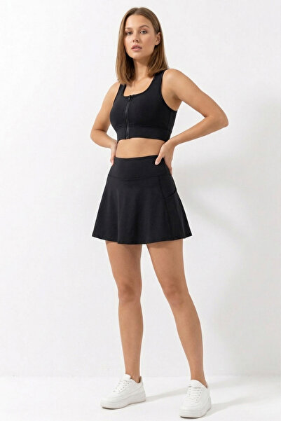EMFURE Siyah Yüksek Bel Çift Katmanlı Mini Etek Tenis Eteği ve Fermuarlı Büstiyer Crop Takım
