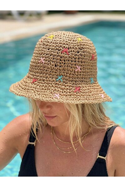 Trend Şapka 19028 Ψάθινο καπέλο σε χρώμα καμήλας με αστέρια, πλεκτό στο χέρι ...