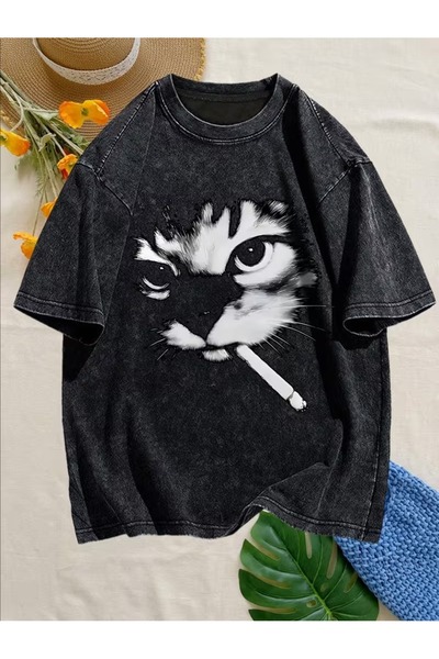 Toum Χαριτωμένο μπλουζάκι με στάμπα γάτας, unisex, που πλένεται, vintage, ove...