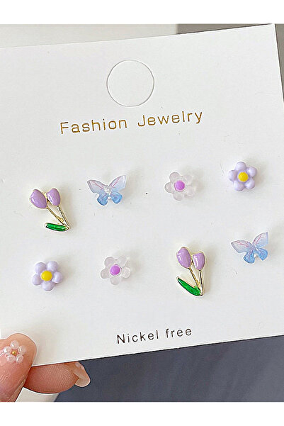FridayIn 4 Pairs Cute Floral & Butterfly Stud Earrings Set Fashion Jewelry fo...