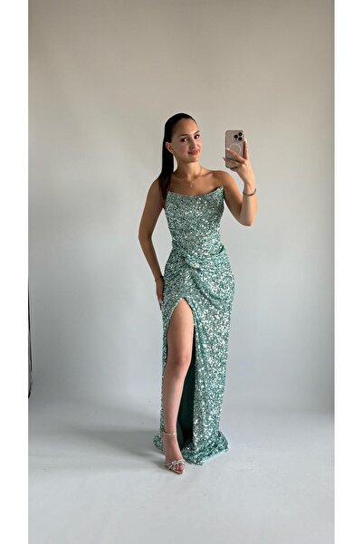 AYŞENUR DİNÇER Mercan Yırtmaçlı Straplez Abiye Su Yeşili