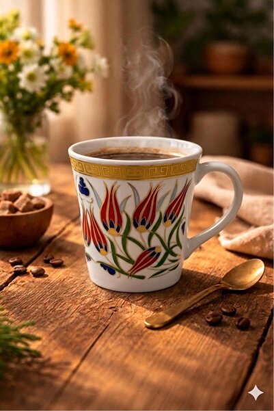 Güral Porselen Özel Tasarım Çini Desenli Porselen Kupa-Altın Yaldızlı Porsele...