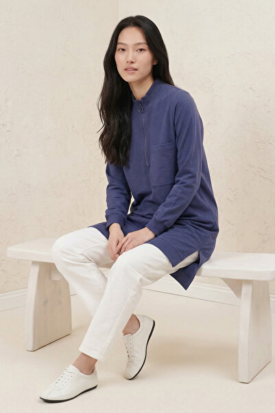 puyeni İki İplik Dik Yaka Fermuarlı Tek Cepli Tunik