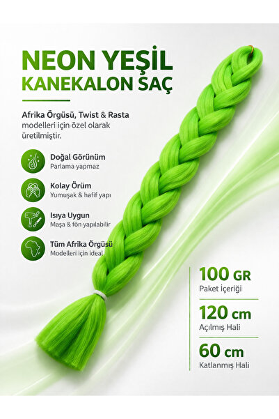 Neon Yeşil Kanekalon Saç | 100 Gr | Afrika Örgüsü & Rasta Saçı