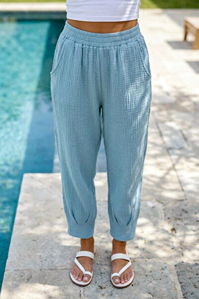 Chiccy Light Blue Pocketed, Stitched Cuffs, Elastic Waist, Casual Muslin Wove...