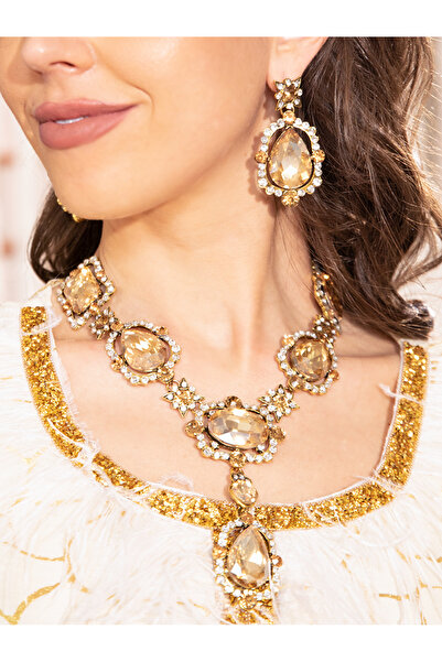 FridayIn Vintage Champagne Crystal Necklace Earrings Jewelry Set for Wedding ...