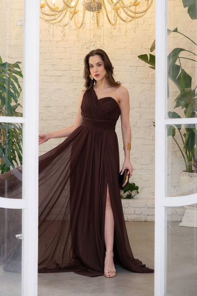 Lafaba Women's Brown One-Shoulder Slit Long Evening Dress