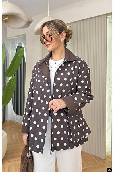 timagna Kadın Ceket Puantiyeli Fermuarlı Dik Yaka Astarlı Dış Giyim Yeni Sezo...