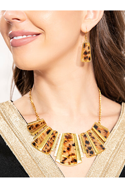 FridayIn Leopard Print Statement Jewelry Set Gold Tone Chunky Necklace & Earr...