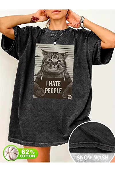 Touz Tricou oversize vintage, lavabil, unisex, cu imprimeu cu pisică drăguță ...