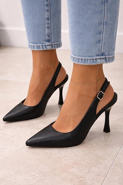 Saltopik Black Leather Pointed Buckle Thin Heeled Shoes