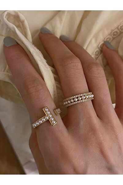 FridayIn 2Pcs Gold Tone Pearl Crystal Ring Set Adjustable Open Stackable Ring...