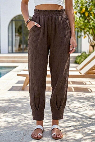 Chiccy Brown Pocketed, Stitched Cuffs, Elastic Waist, Casual Muslin Woven Tro...