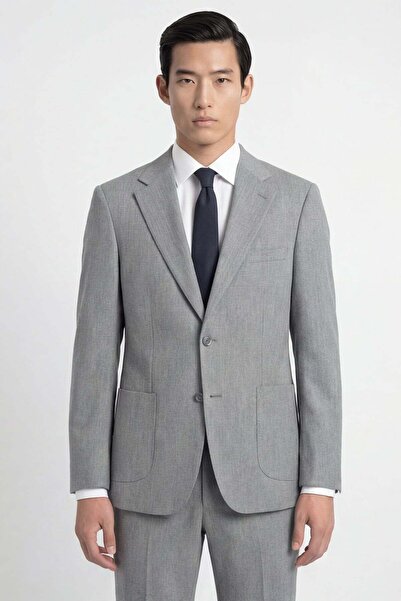 Sabri Özel بدلة رجالية ذات ياقة مونو مسطحة باللون الرمادي الفاتح، تصميم نحيف،...