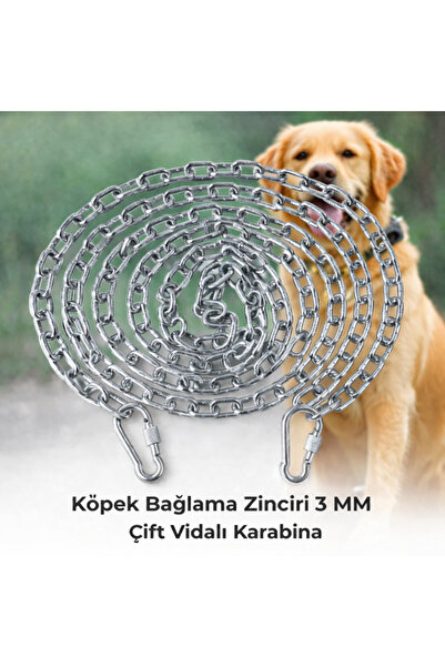 Vi Caro 4 METRE Köpek Bağlama Zinciri 3 mm Gezdirme + 2 Vidalı Karabina Çelik...